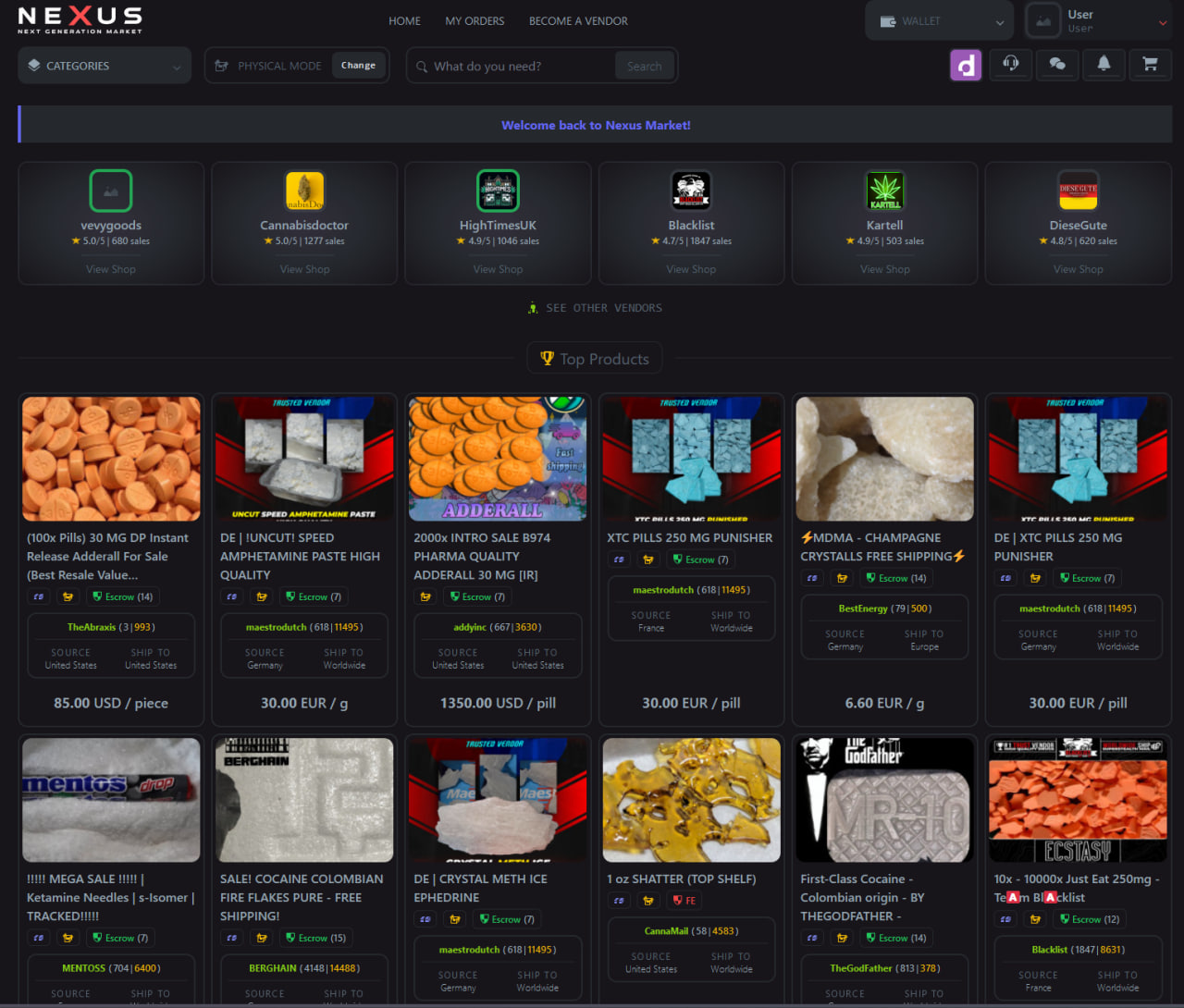 Nexus Darknet marketplace interface screenshot showing secure trading platform